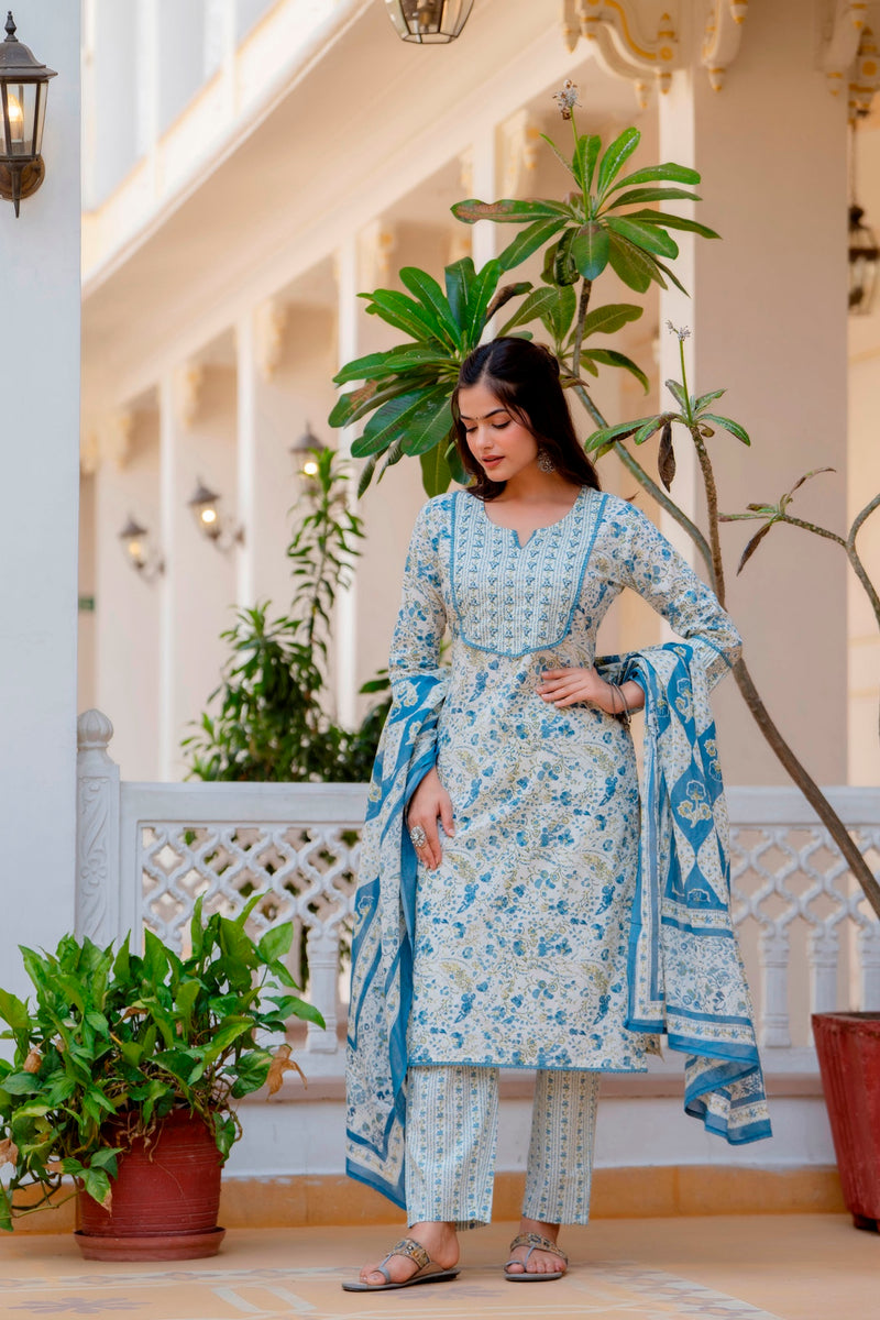 EthniFlair Floral Printed Aari Work Kurta with Palazzos & Dupatta