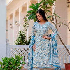 EthniFlair Floral Printed Aari Work Kurta with Palazzos & Dupatta