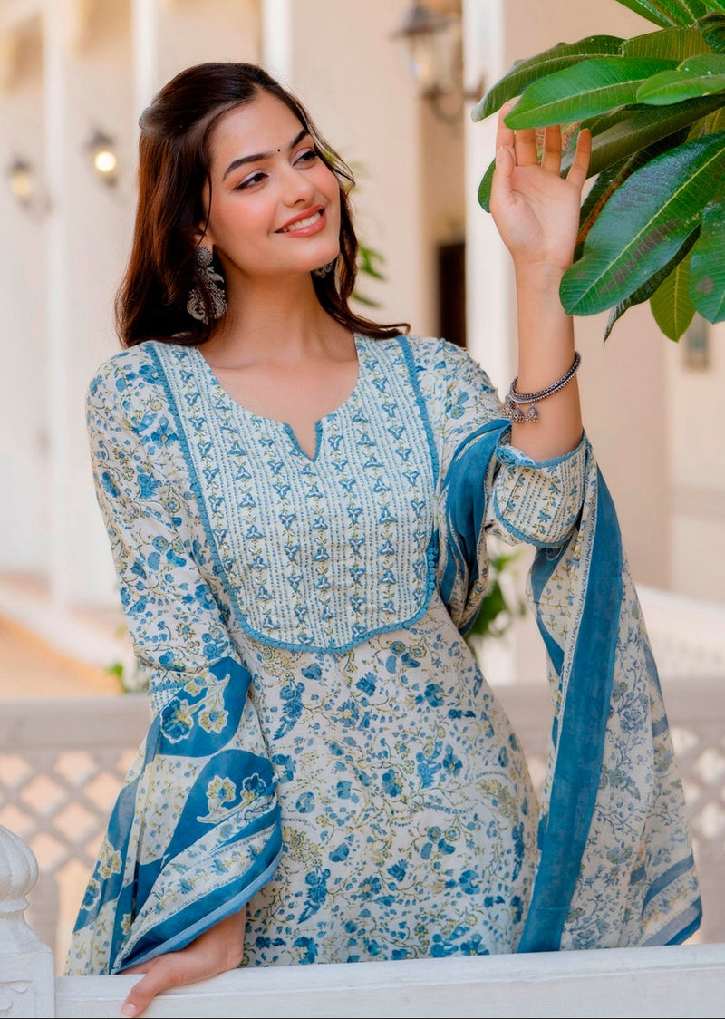 EthniFlair Floral Printed Aari Work Kurta with Palazzos & Dupatta