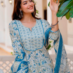 EthniFlair Floral Printed Aari Work Kurta with Palazzos & Dupatta