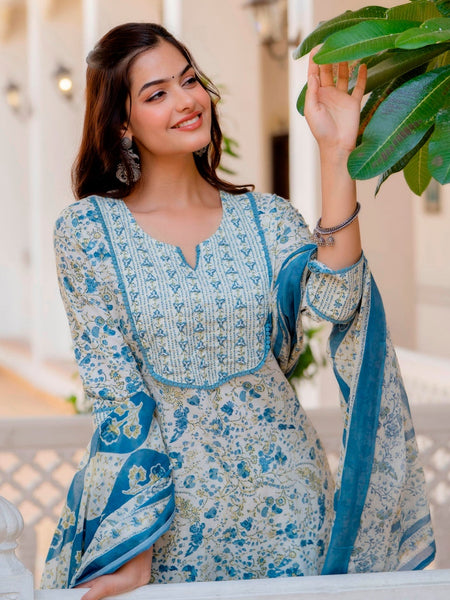 EthniFlair Floral Printed Aari Work Kurta with Palazzos & Dupatta