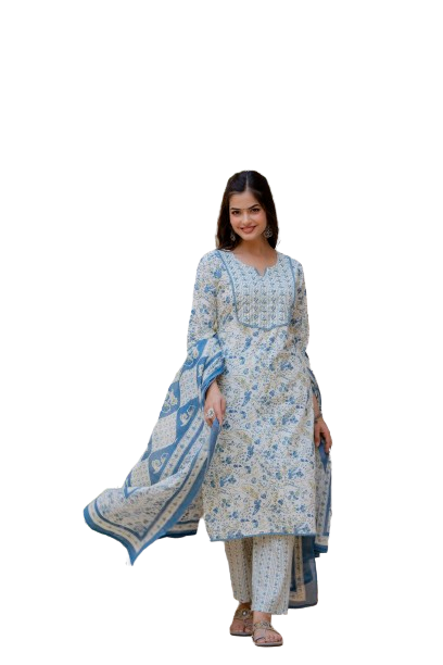 EthniFlair Floral Printed Aari Work Kurta with Palazzos & Dupatta