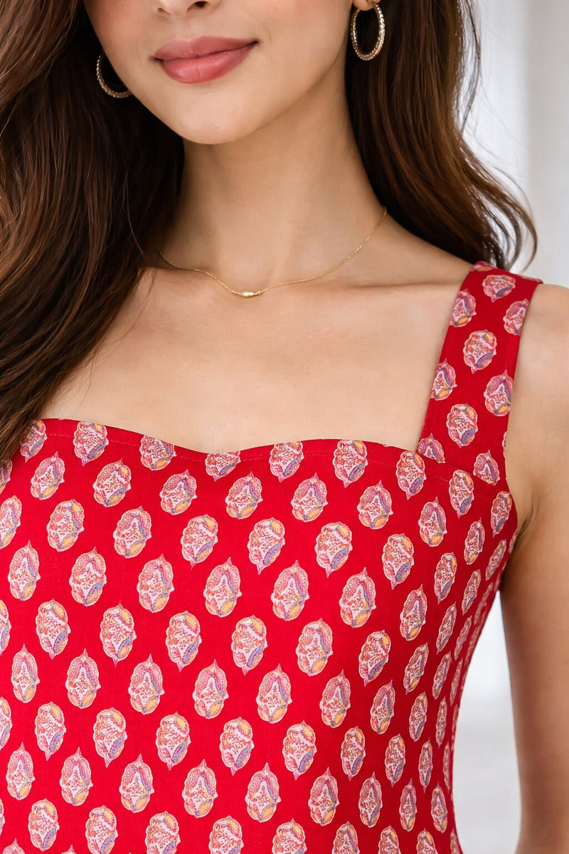 Women Cotton Printed Sleeveless Back Tie-up Kurti