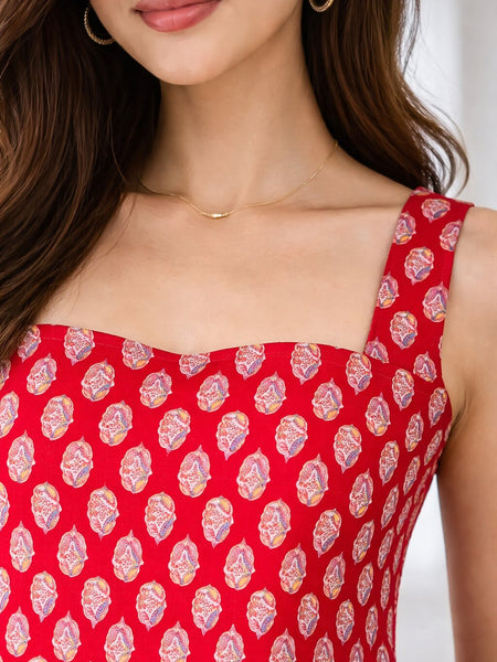 Women Cotton Printed Sleeveless Back Tie-up Kurti