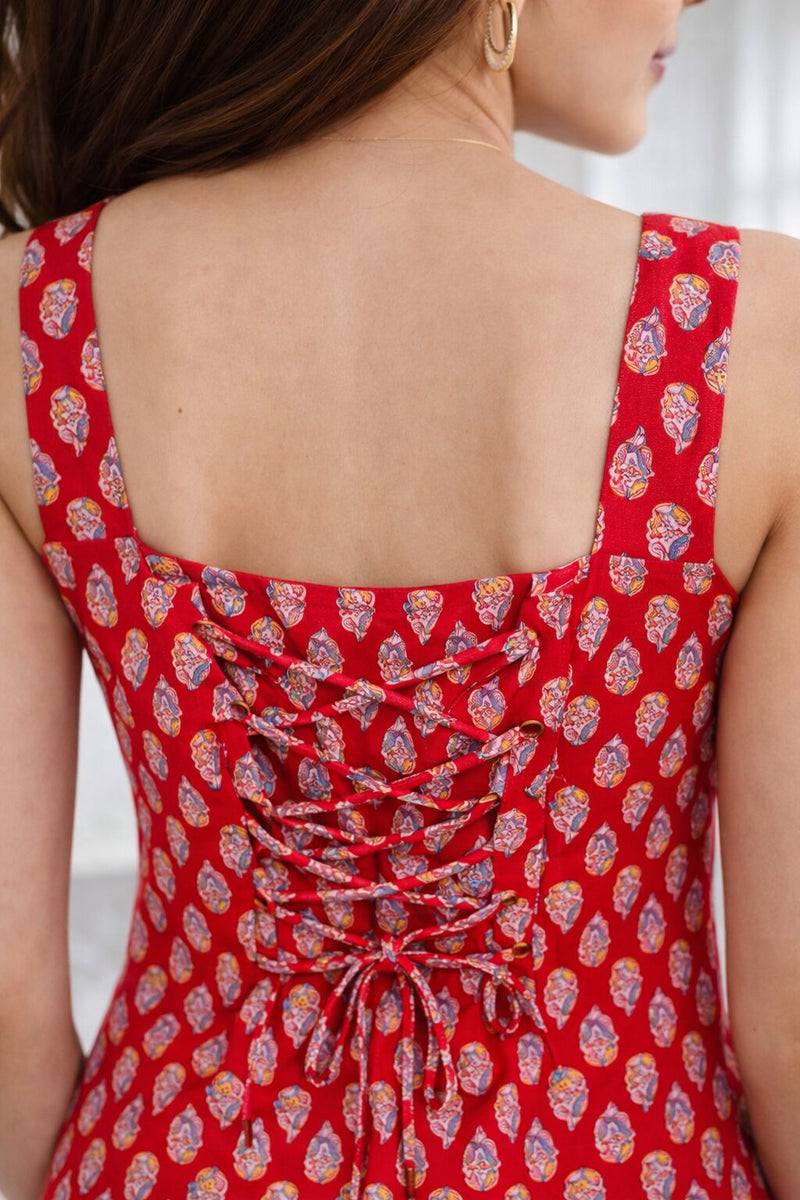 Women Cotton Printed Sleeveless Back Tie-up Kurti