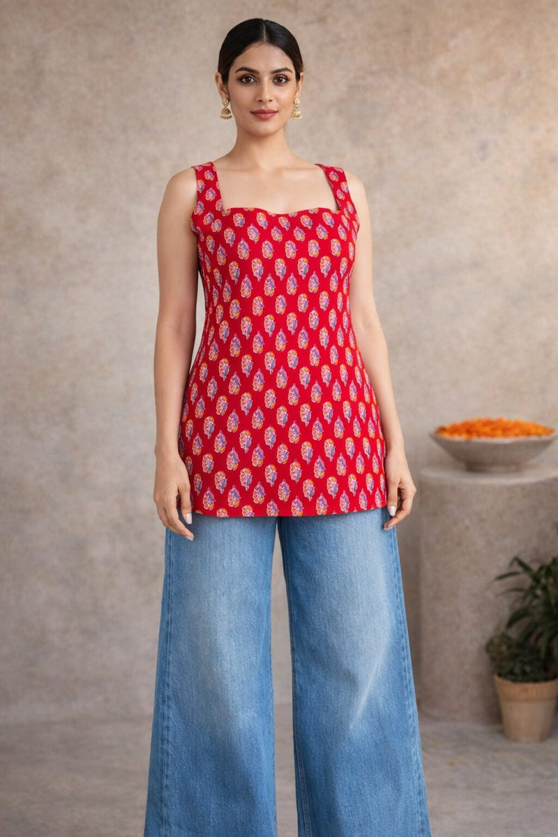 Women Cotton Printed Sleeveless Back Tie-up Kurti