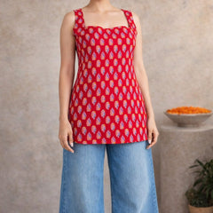 Women Cotton Printed Sleeveless Back Tie-up Kurti