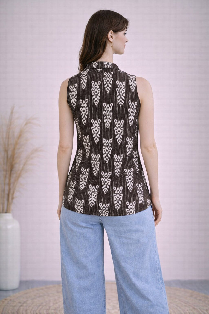 Women Cotton Kantha Work Collared Button-up Kurti