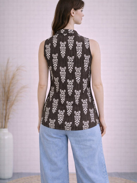 Women Cotton Kantha Work Collared Button-up Kurti