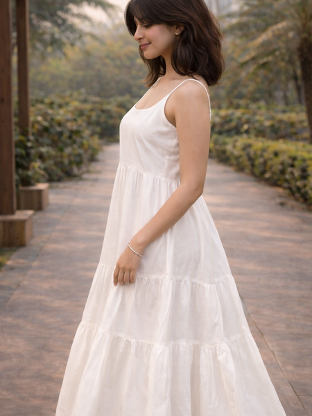 EthniFlair Sleeveless long White Cotton Panelled Dress