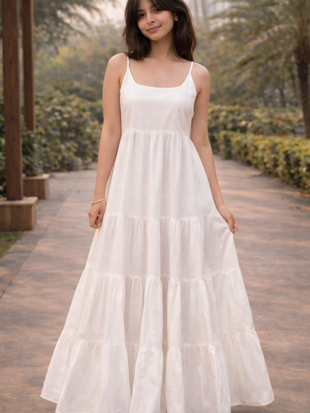 EthniFlair Sleeveless long White Cotton Panelled Dress