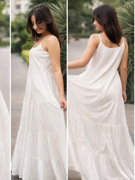 EthniFlair Sleeveless long White Cotton Panelled Dress