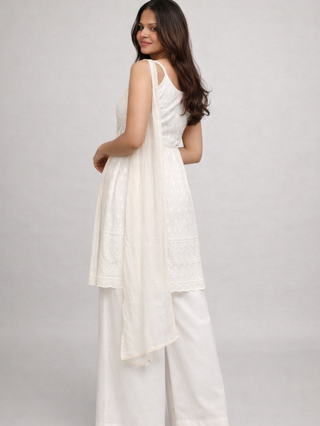 EthniFlair Chikankari Sleeveless Empire Kurti with Palazzo & Embellished Dupatta