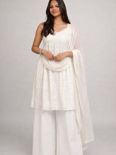 EthniFlair Chikankari Sleeveless Empire Kurti with Palazzo & Embellished Dupatta