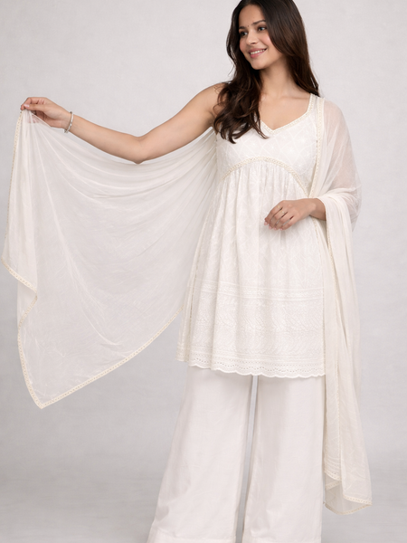 EthniFlair Chikankari Sleeveless Empire Kurti with Palazzo & Embellished Dupatta