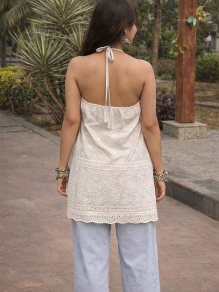 EthniFlair Chikankari Halter Neck Backless Kurti