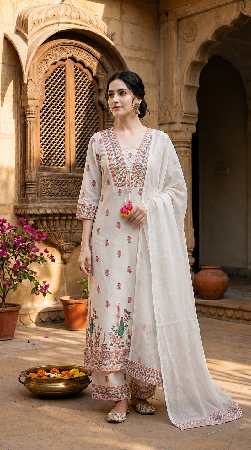 White Cotton Printed yoke design Kurta Palazzo & Dupatta Set