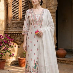 White Cotton Printed yoke design Kurta Palazzo & Dupatta Set