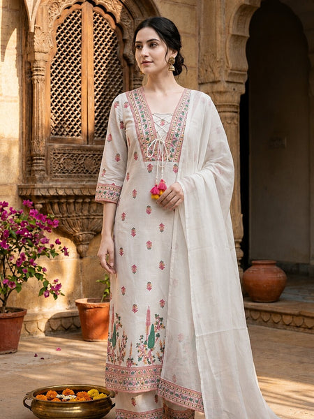 White Cotton Printed yoke design Kurta Palazzo & Dupatta Set