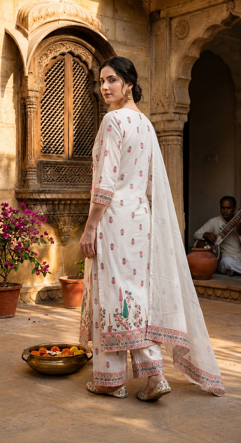 White Cotton Printed yoke design Kurta Palazzo & Dupatta Set