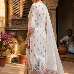 White Cotton Printed yoke design Kurta Palazzo & Dupatta Set
