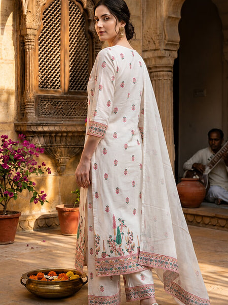 White Cotton Printed yoke design Kurta Palazzo & Dupatta Set