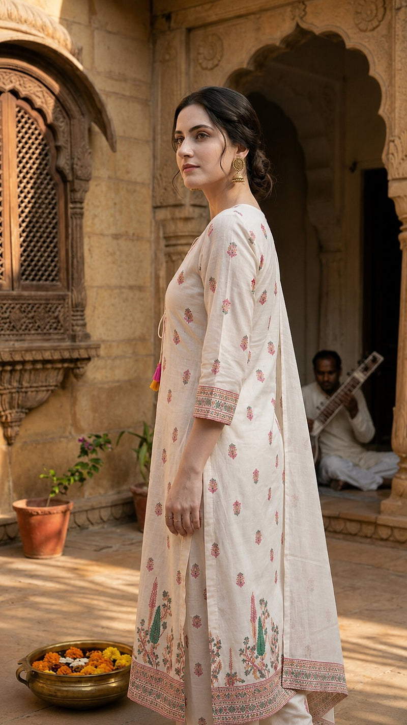 White Cotton Printed yoke design Kurta Palazzo & Dupatta Set