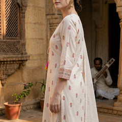 White Cotton Printed yoke design Kurta Palazzo & Dupatta Set