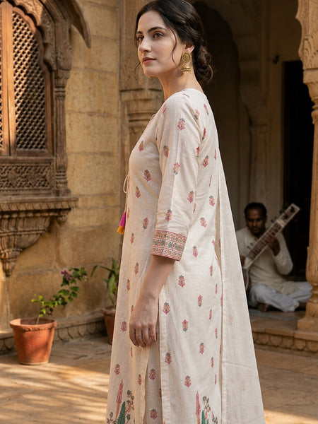White Cotton Printed yoke design Kurta Palazzo & Dupatta Set