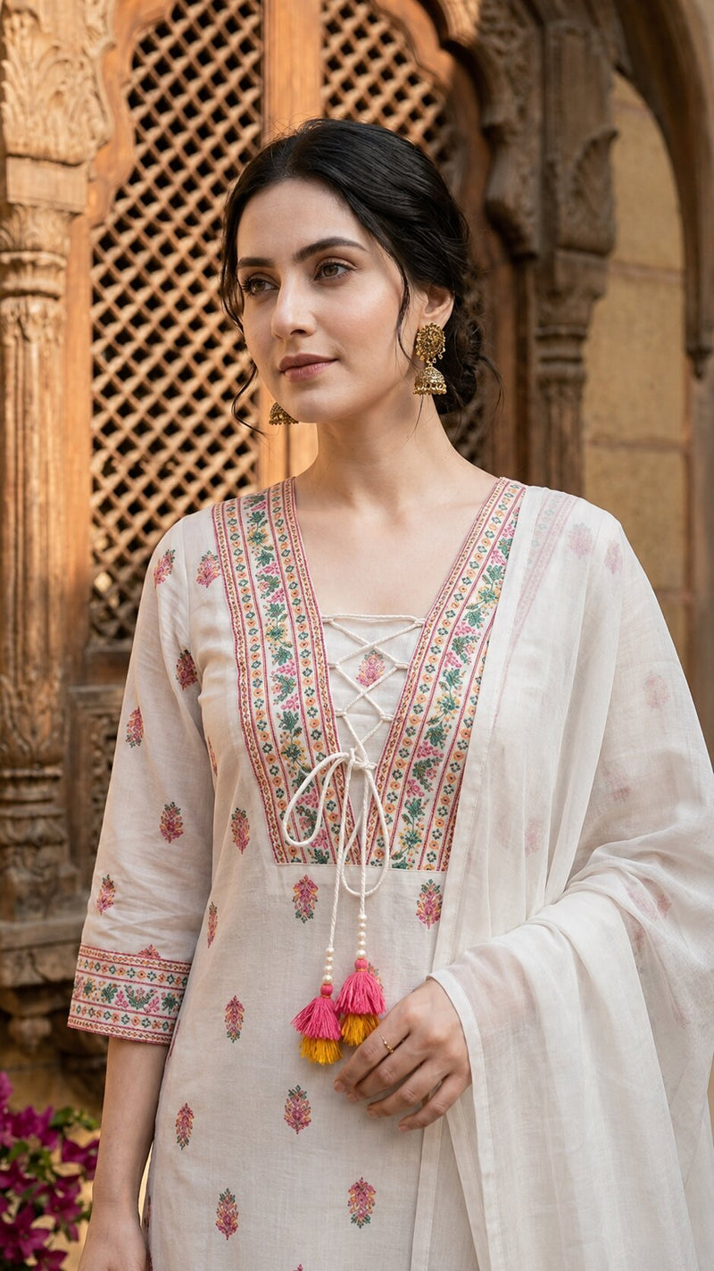 White Cotton Printed yoke design Kurta Palazzo & Dupatta Set