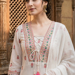 White Cotton Printed yoke design Kurta Palazzo & Dupatta Set