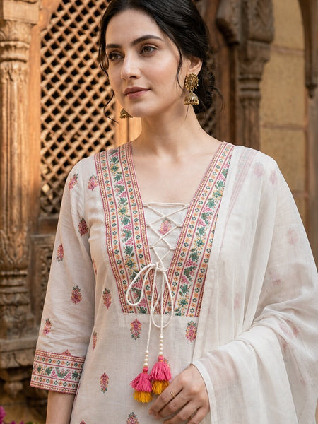 White Cotton Printed yoke design Kurta Palazzo & Dupatta Set