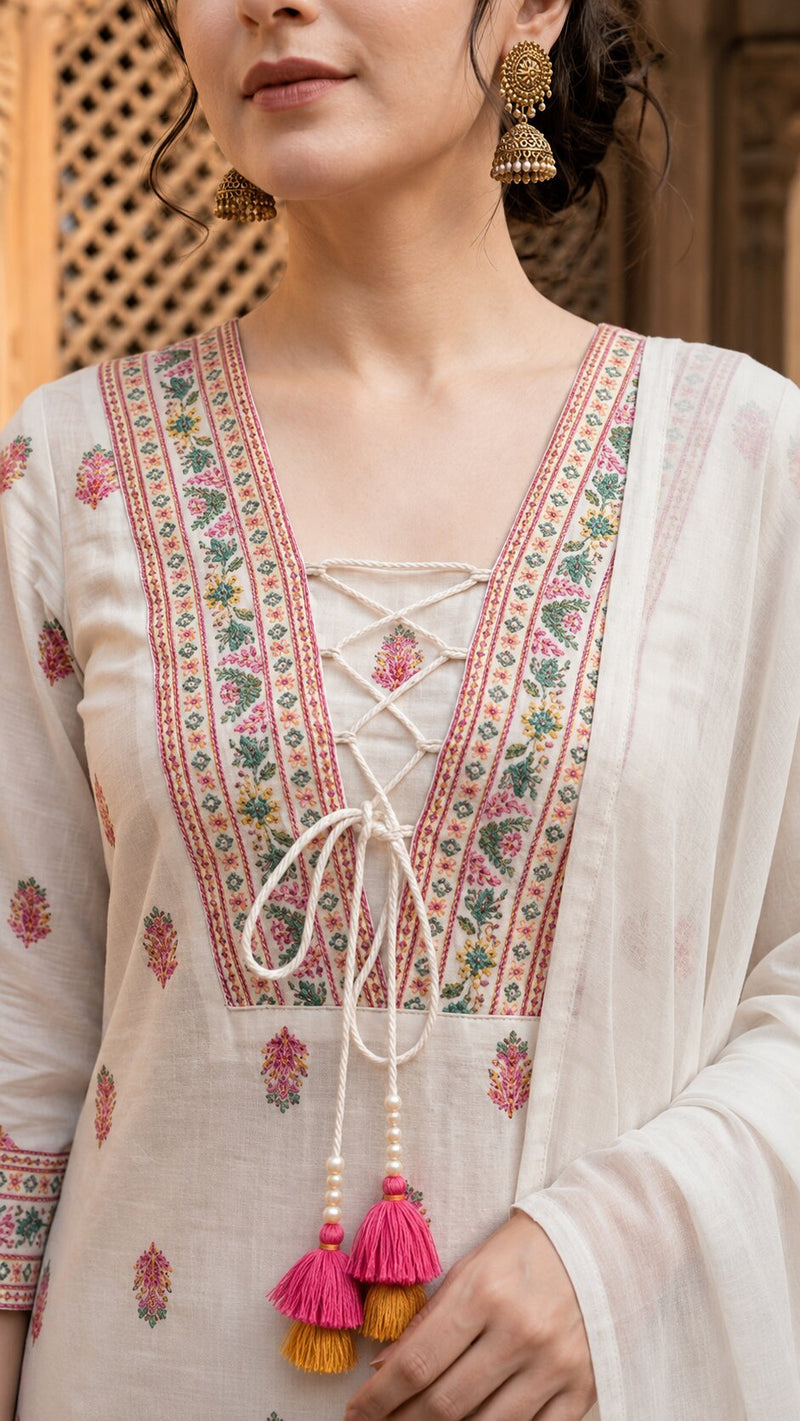 White Cotton Printed yoke design Kurta Palazzo & Dupatta Set