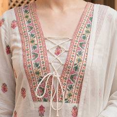 White Cotton Printed yoke design Kurta Palazzo & Dupatta Set
