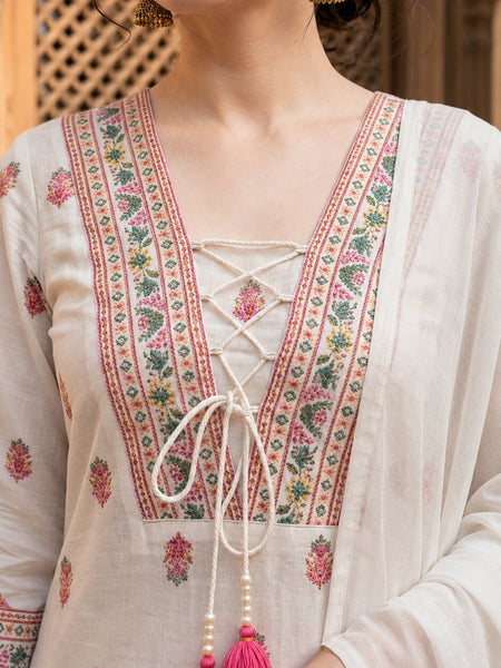 White Cotton Printed yoke design Kurta Palazzo & Dupatta Set