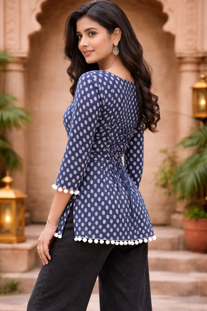 Women Cotton Floral Sweetheart Neck Back Tie-up Pom-pom detail Kurti