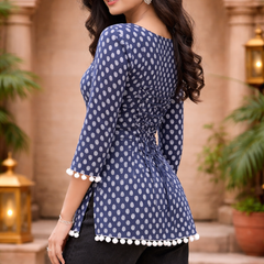 Women Cotton Floral Sweetheart Neck Back Tie-up Pom-pom detail Kurti