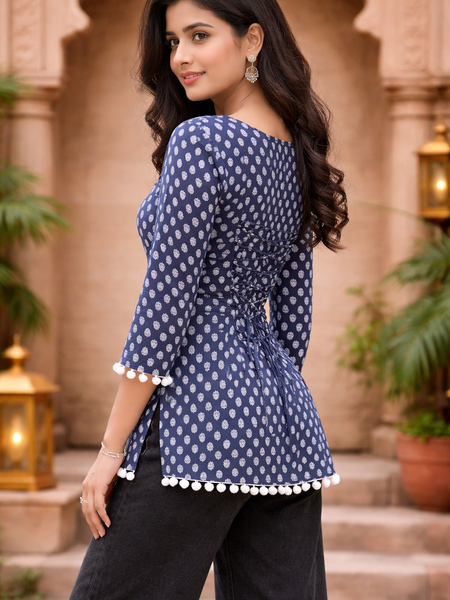 Women Cotton Floral Sweetheart Neck Back Tie-up Pom-pom detail Kurti