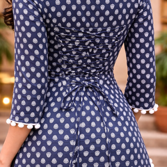 Women Cotton Floral Sweetheart Neck Back Tie-up Pom-pom detail Kurti