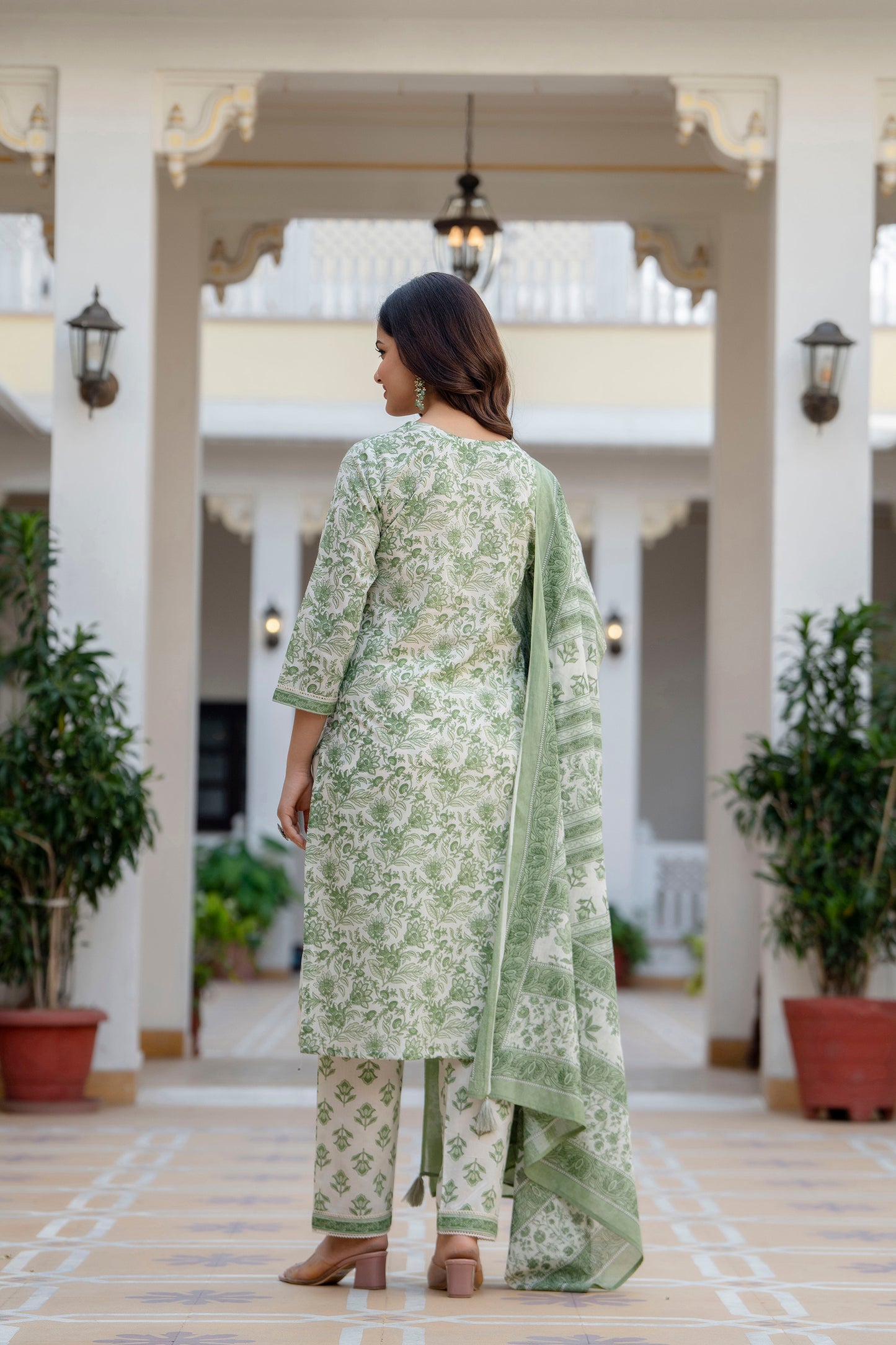 EthniFlair Women Floral Printed Angrakha Sequinned Pure Cotton Kurta with Pyjamas & With Dupatta