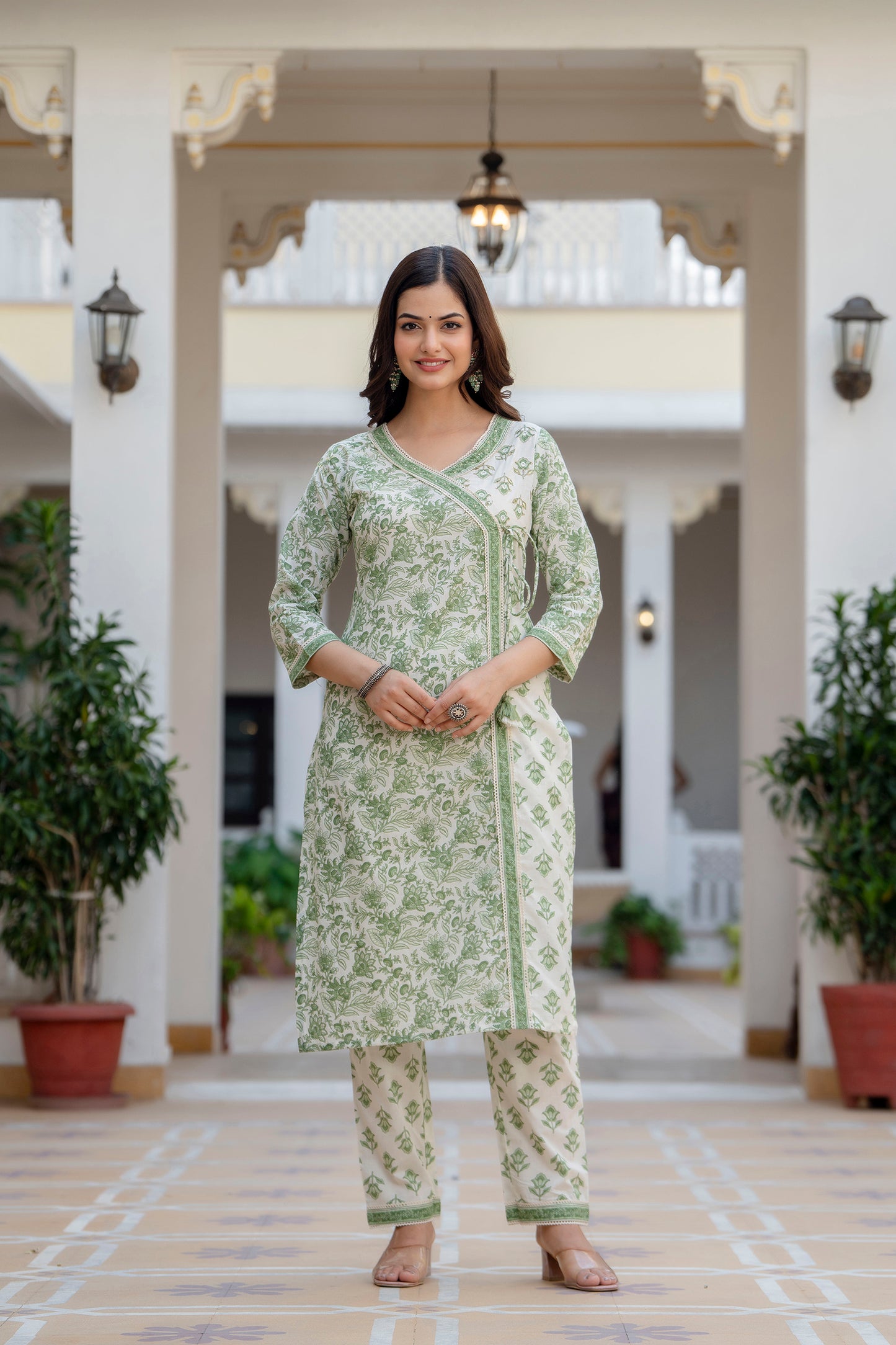 EthniFlair Women Floral Printed Angrakha Sequinned Pure Cotton Kurta with Pyjamas & With Dupatta