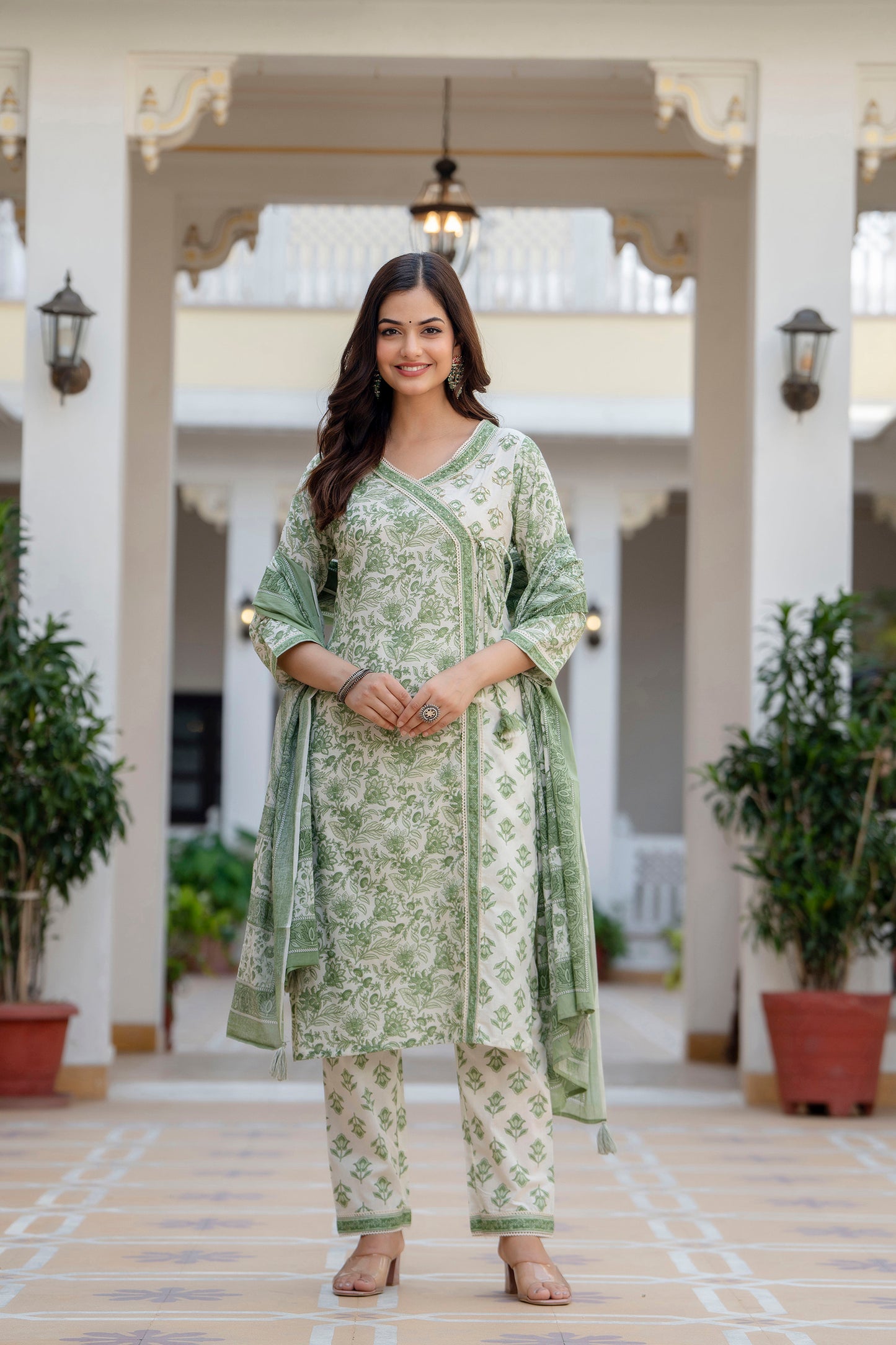 EthniFlair Women Floral Printed Angrakha Sequinned Pure Cotton Kurta with Pyjamas & With Dupatta