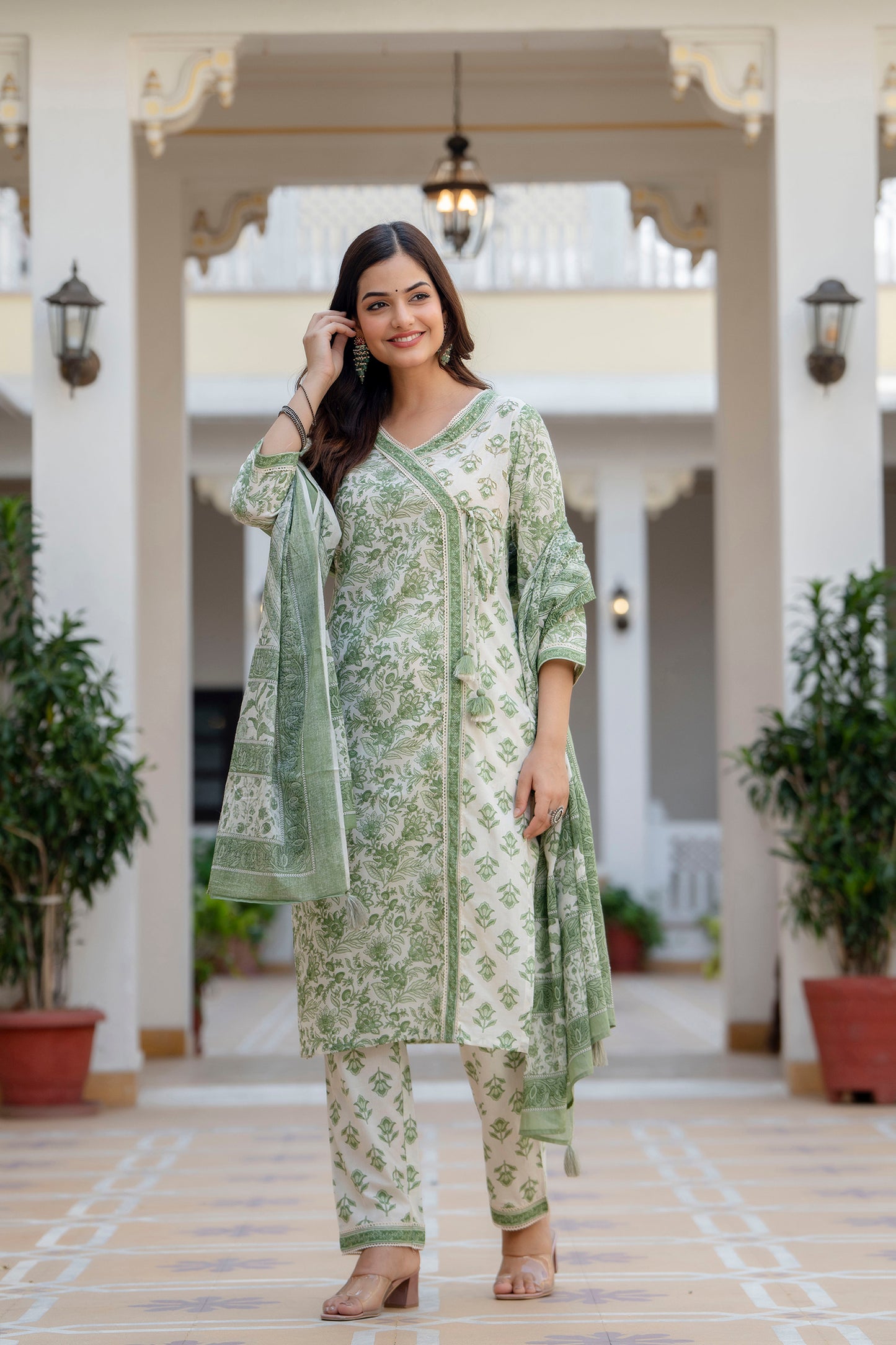 EthniFlair Women Floral Printed Angrakha Sequinned Pure Cotton Kurta with Pyjamas & With Dupatta