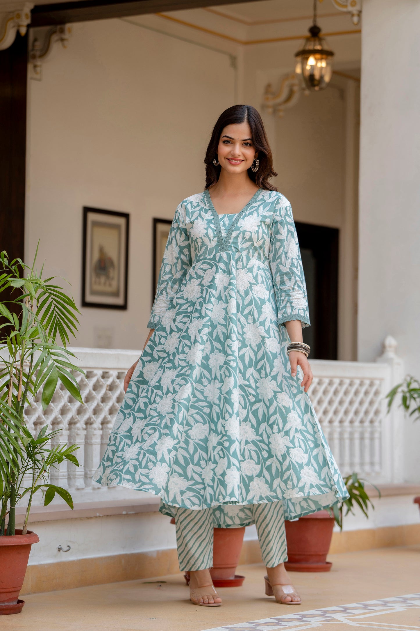 EthniFlair Women Floral Yoke Design Regular Aari Work Pure Cotton Kurta with Trousers & With Dupatta