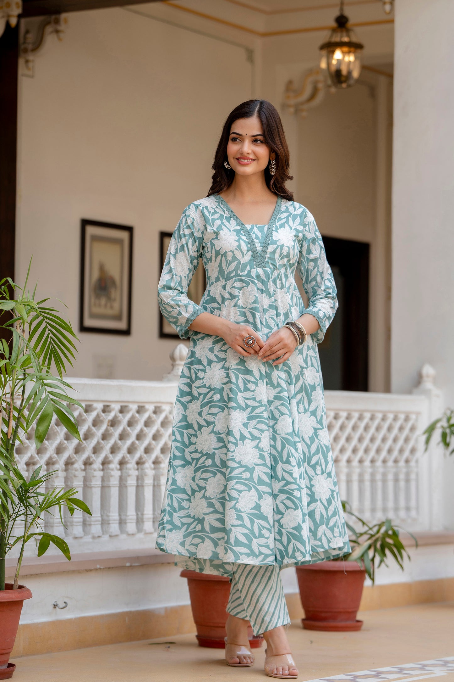 EthniFlair Women Floral Yoke Design Regular Aari Work Pure Cotton Kurta with Trousers & With Dupatta