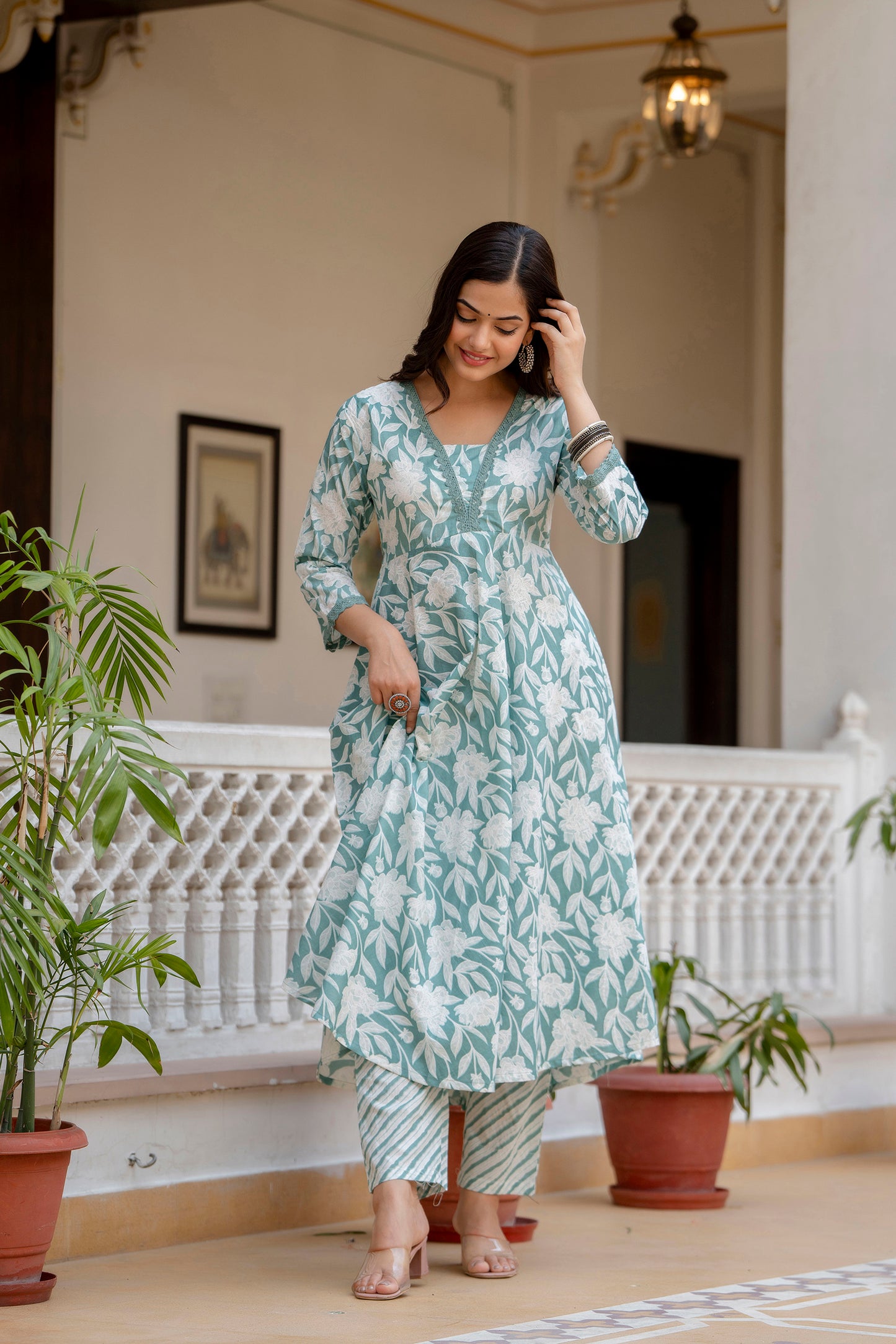 EthniFlair Women Floral Yoke Design Regular Aari Work Pure Cotton Kurta with Trousers & With Dupatta