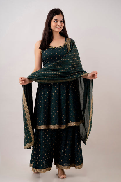 EthniFlair Women Floral Embroidered Kurta With Sharara & Dupatta