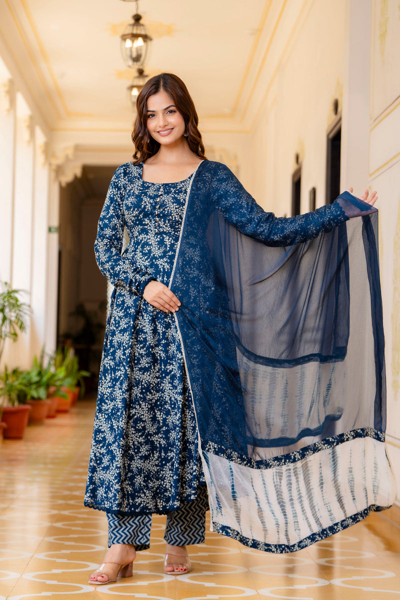 EthniFlair Floral Printed Empire Aari Work Kurta with Pyjamas & Dupatta