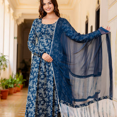 EthniFlair Floral Printed Empire Aari Work Kurta with Pyjamas & Dupatta
