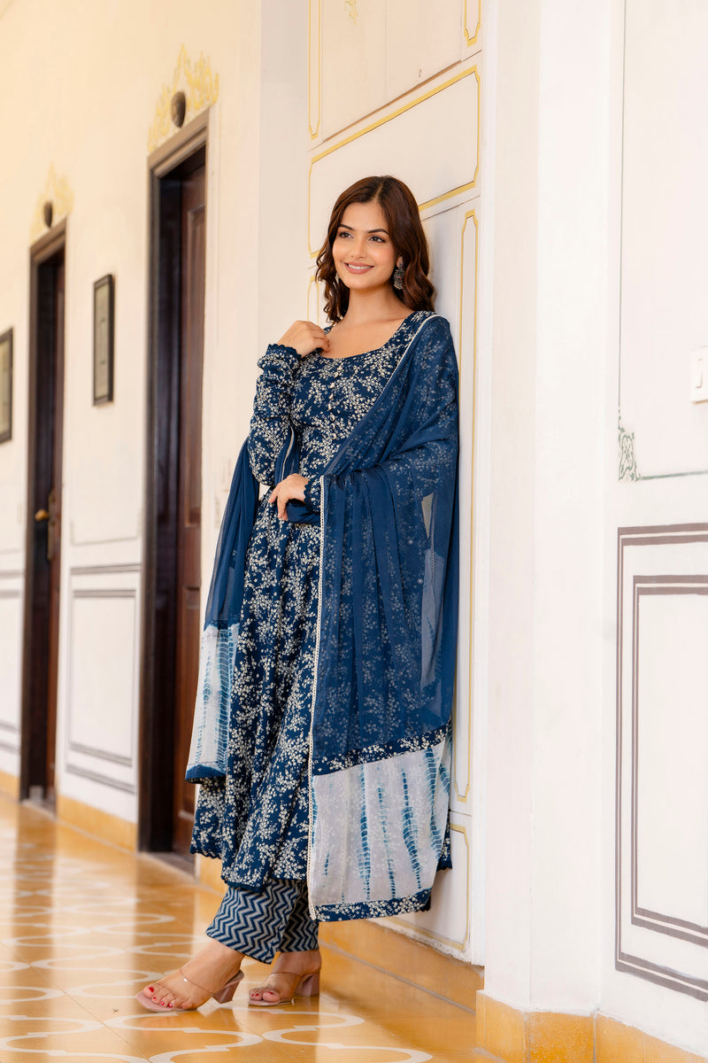 EthniFlair Floral Printed Empire Aari Work Kurta with Pyjamas & Dupatta